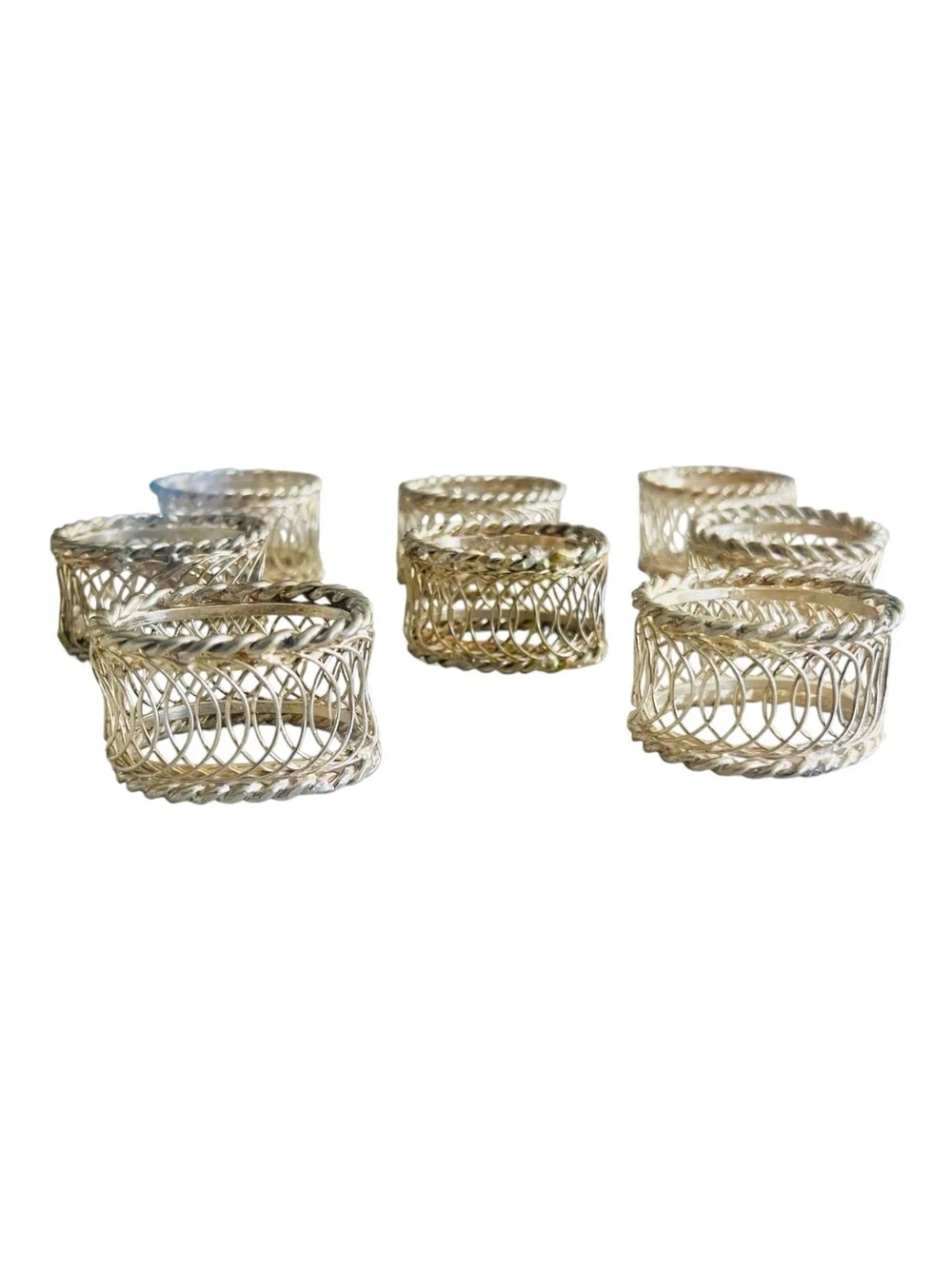Vintage Two-Tone Woven Wire Napkin Rings Set of 8 Silver Gold Rope Trim 2”